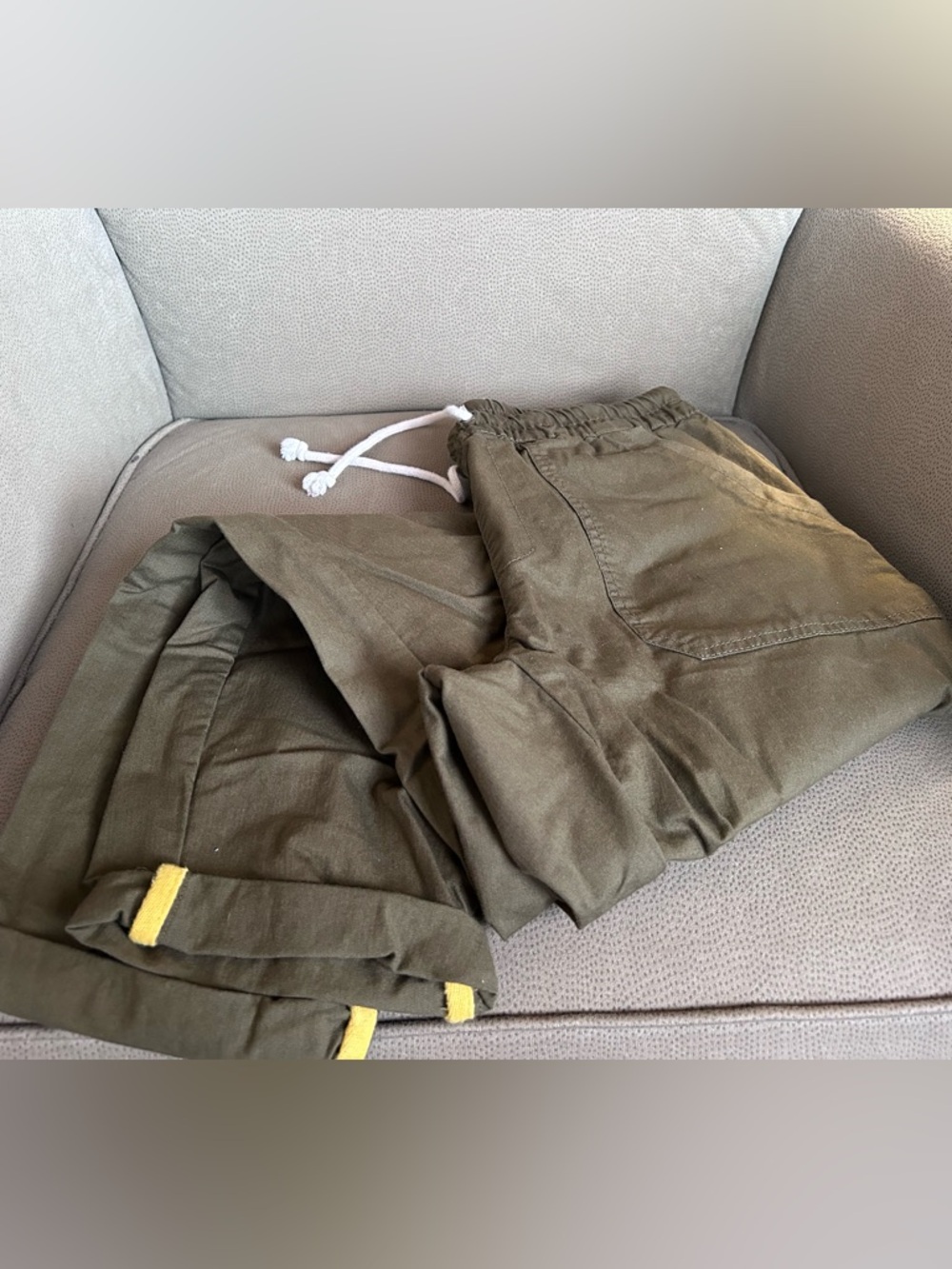 Pact stretch twill pants, olive green, size M